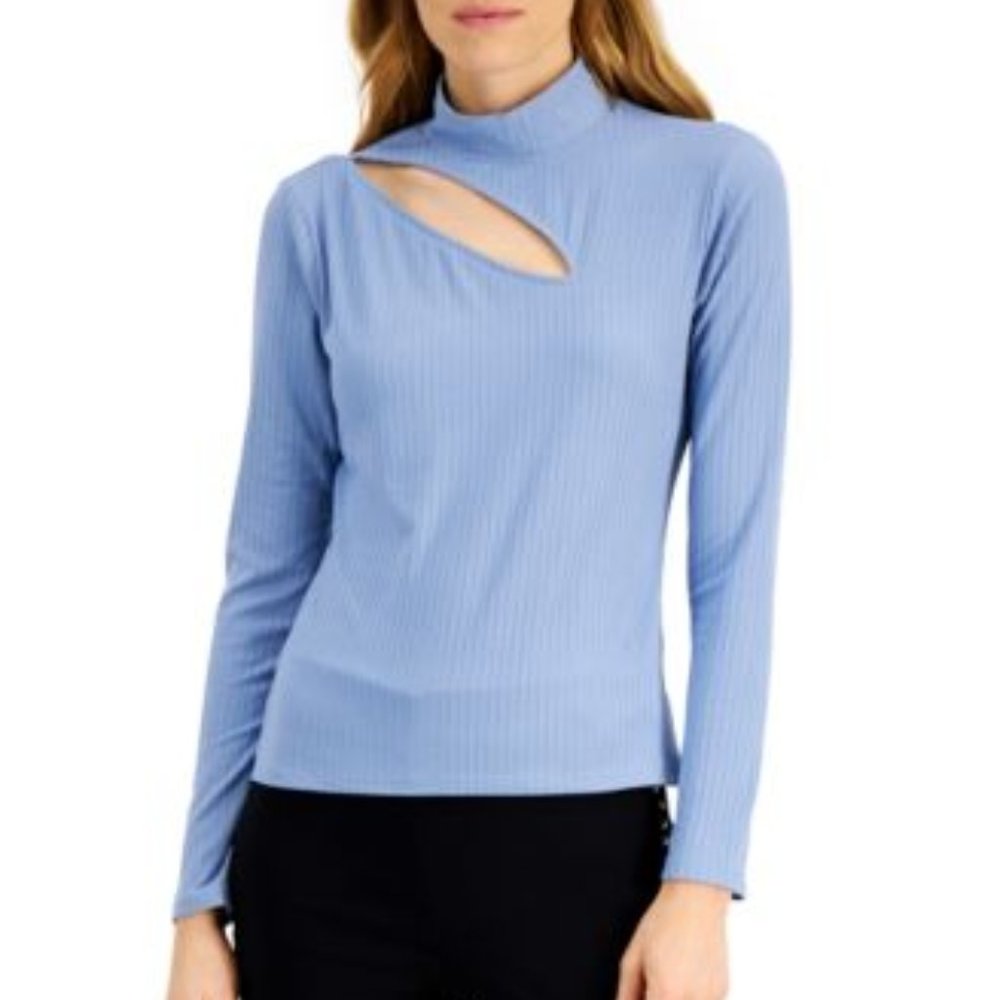 SIZE:S INC BLUE RIBBED MOCK NECK LNG SLV TOP W/CUT OUT AT NECK
